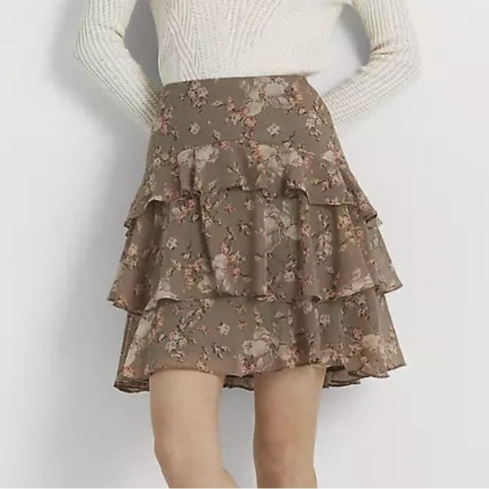 Lauren Ralph Lauren Floral Tiered Skirt Taupe 16 Romantic Boho Cottagecore NWT